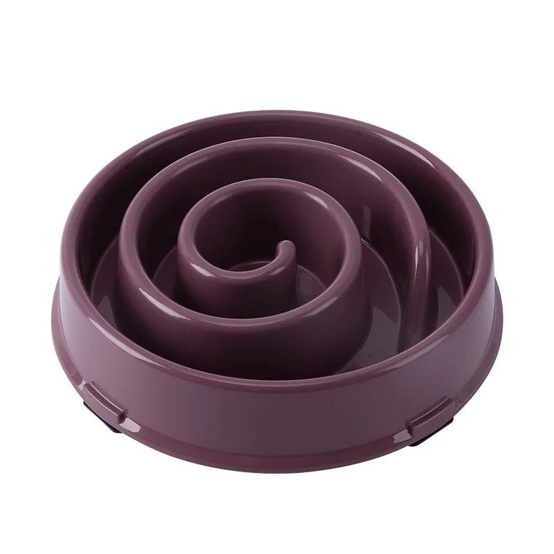 Gamelle anti-glouton spirale rouge foncé, vue de côté, illustrant la hauteur et la forme intérieure.