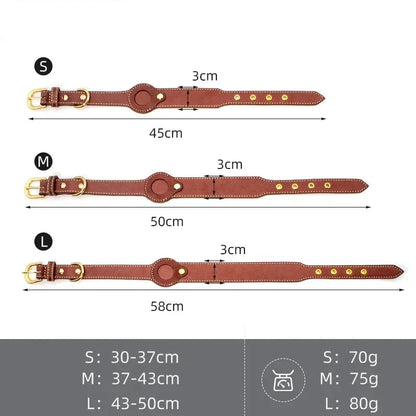 Tableau comparatif des tailles pour collier AirTag en cuir pour chiens S, M et L.