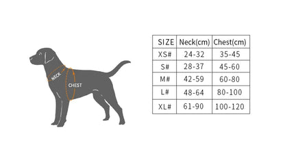 tableau des tailles pour harnais anti-traction réfléchissant pour chien du XS au XL