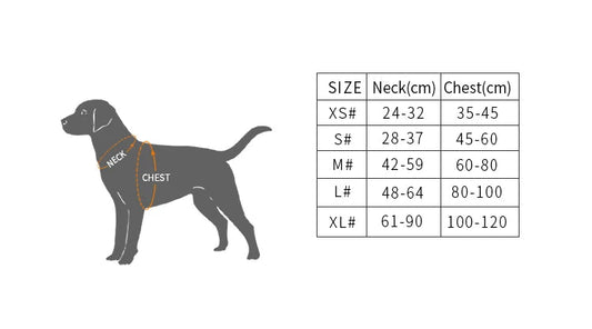 tableau des tailles pour harnais anti-traction réfléchissant pour chien du XS au XL