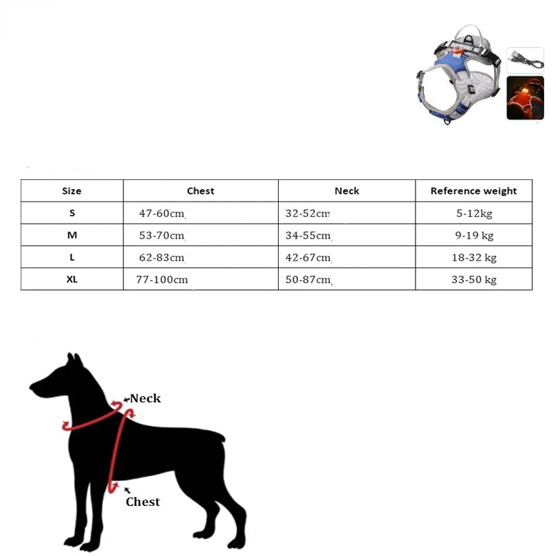 Tableau des tailles du harnais lumineux pour chien personnalisable, du S au XL avec mesures cou et poitrine.