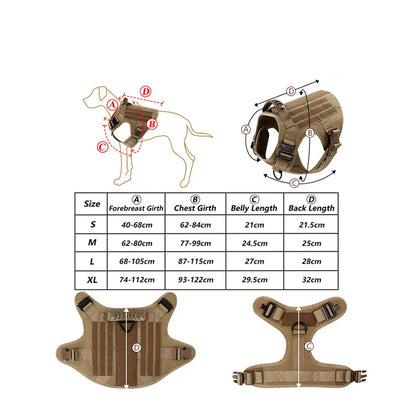 tableau guide des tailles du harnais tactique pour chien S à XL