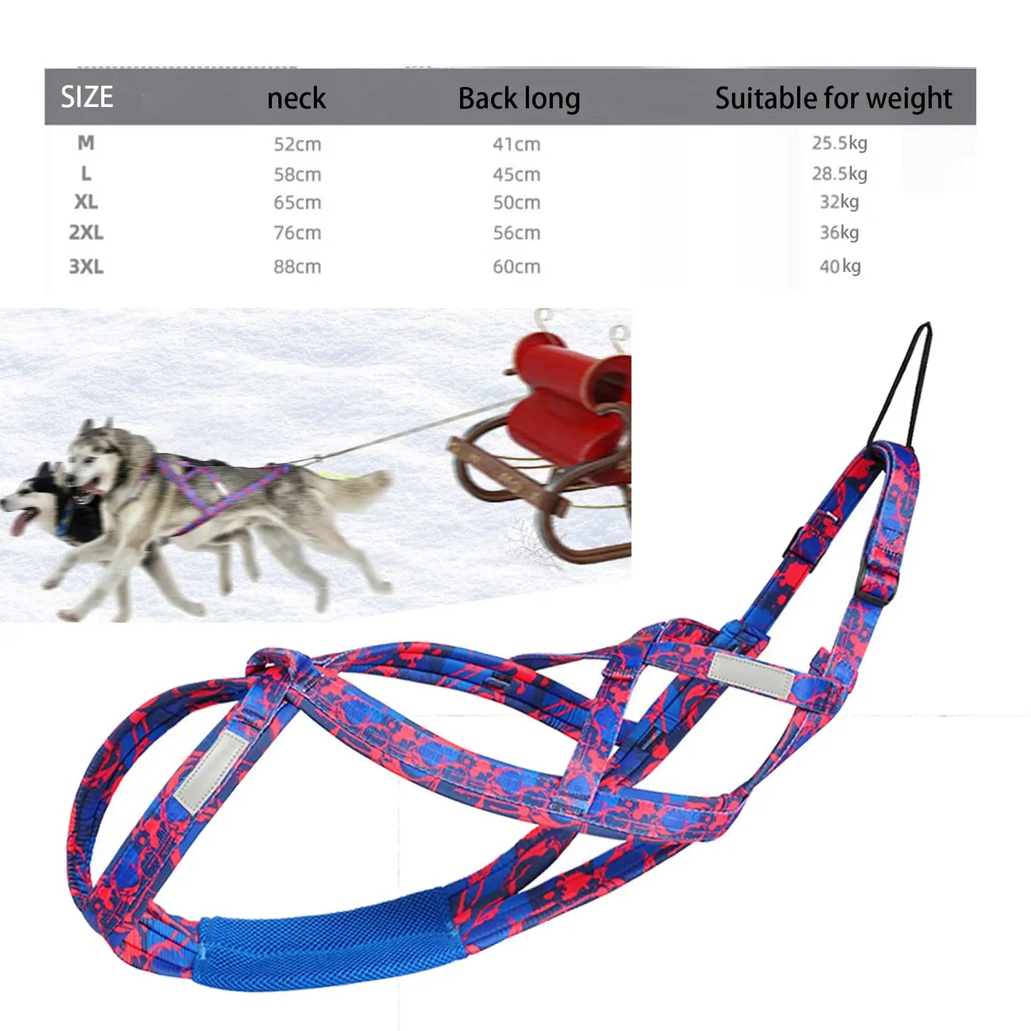 tableau des tailles du harnais de traction pour chien, disponible du M au XXL