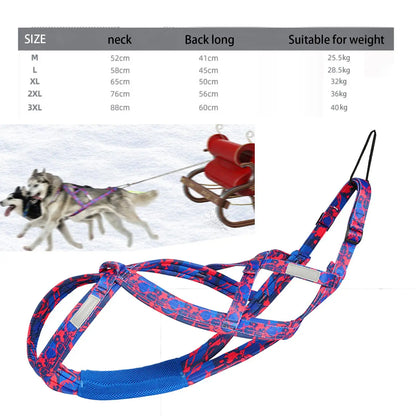 tableau des tailles du harnais de traction pour chien, disponible du M au XXL