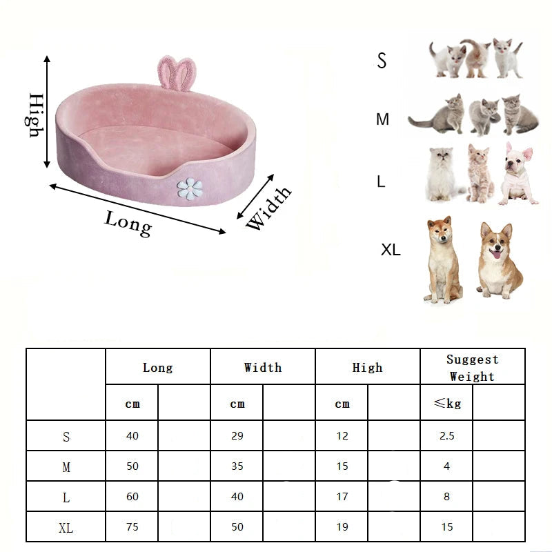 guide des tailles du panier pour petit chien rose, disponible du S au XL avec dimensions détaillées
