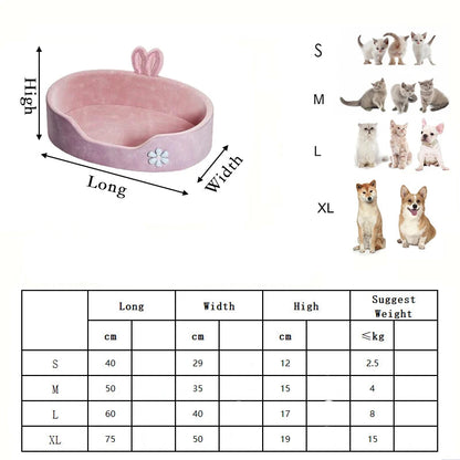 guide des tailles du panier pour petit chien rose, disponible du S au XL avec dimensions détaillées