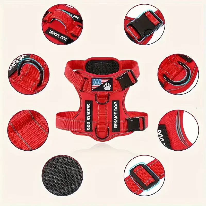Présentation des détails du harnais pour chien rouge avec attaches solides, bandes réfléchissantes et poignée.