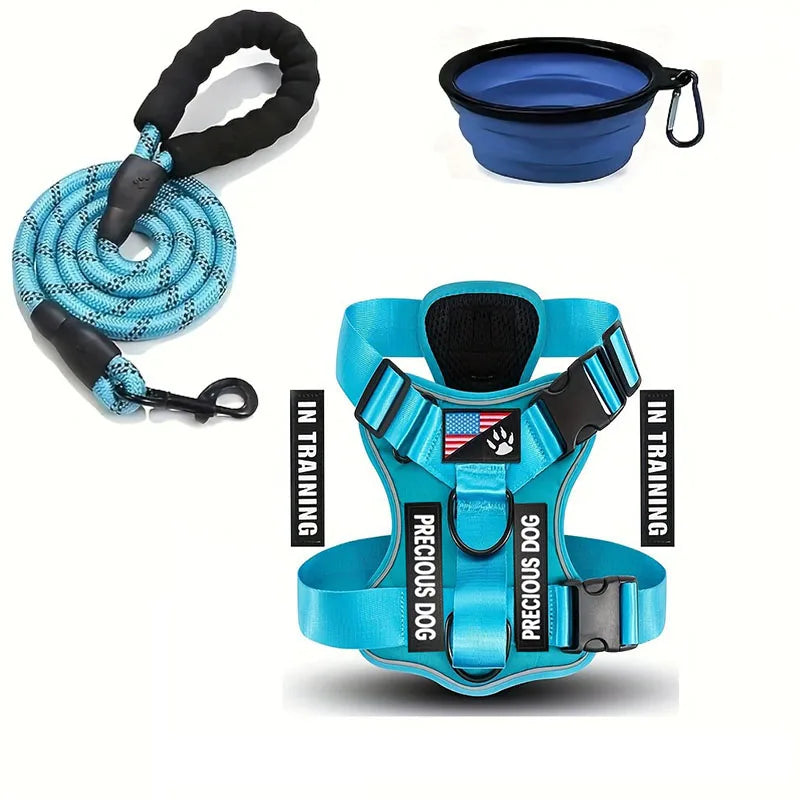 Harnais bleu avec bandes réfléchissantes, livré avec une laisse robuste et une gamelle pliable en silicone.