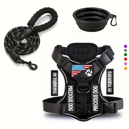Harnais noir avec bandes réfléchissantes pour chien, fourni avec laisse solide et gamelle pliable.