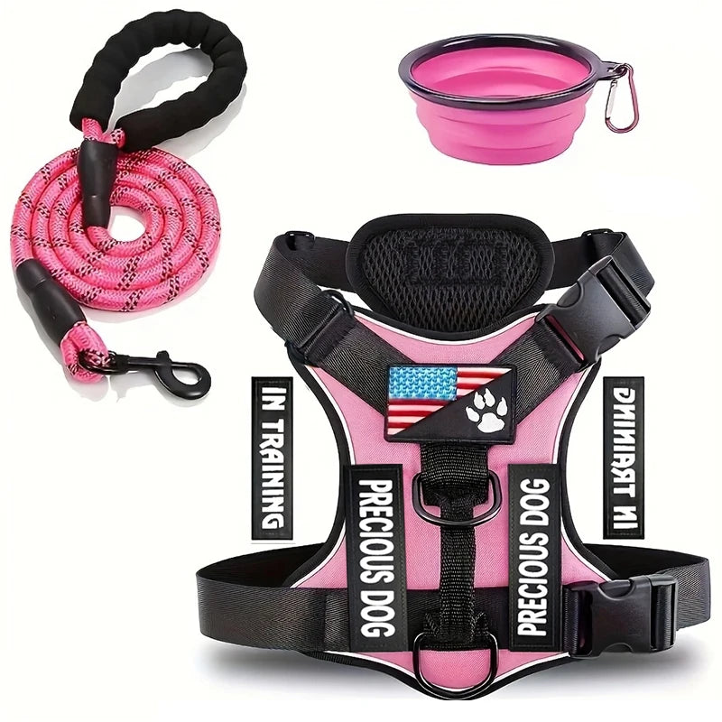 Harnais noir classique pour chien avec gamelle pliable et laisse en nylon incluse.