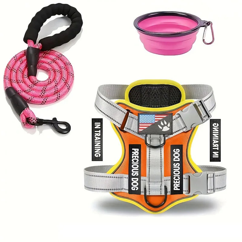 Harnais orange pour chien avec laisse rouge et gamelle pliable, idéal pour la sécurité et le confort.