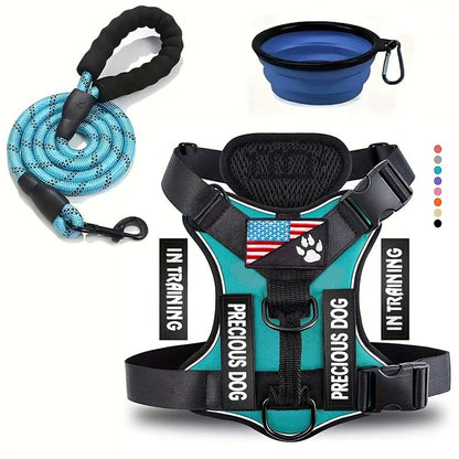 Harnais turquoise pour chien, confortable et réfléchissant, vendu avec laisse et gamelle pliable.