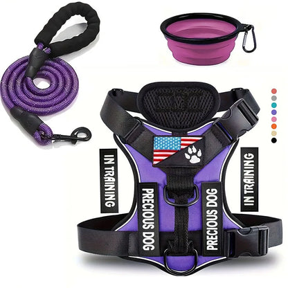 Harnais violet pour chien réglable et rembourré, avec laisse assortie et gamelle pliable.