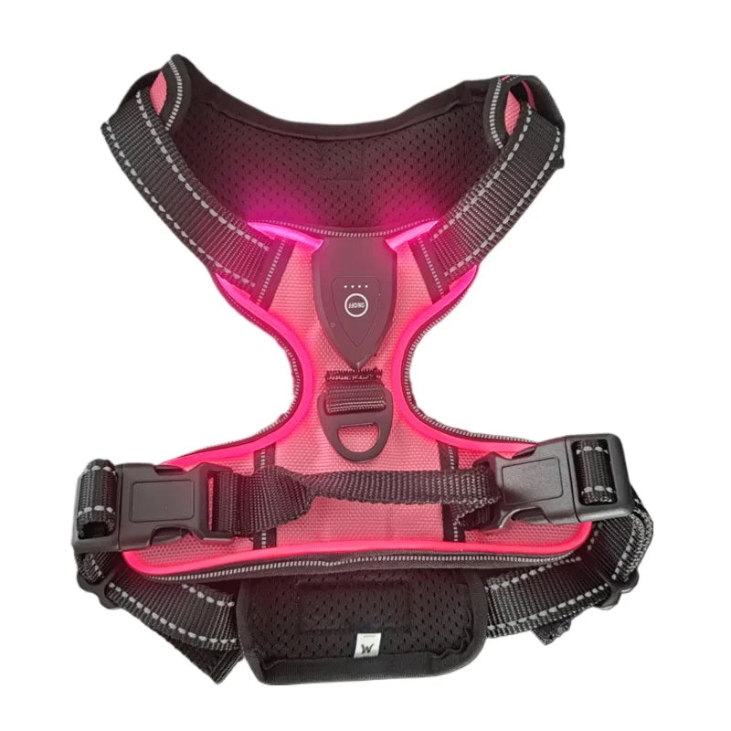 harnais lumineux pour chien rose avec LED rechargeables, modèle anti-traction