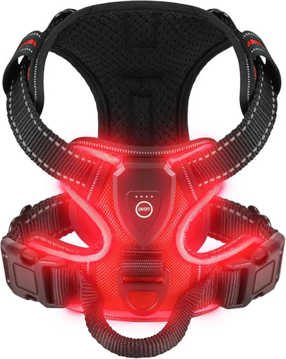 harnais lumineux pour chien rouge avec coutures réfléchissantes et bandes LED