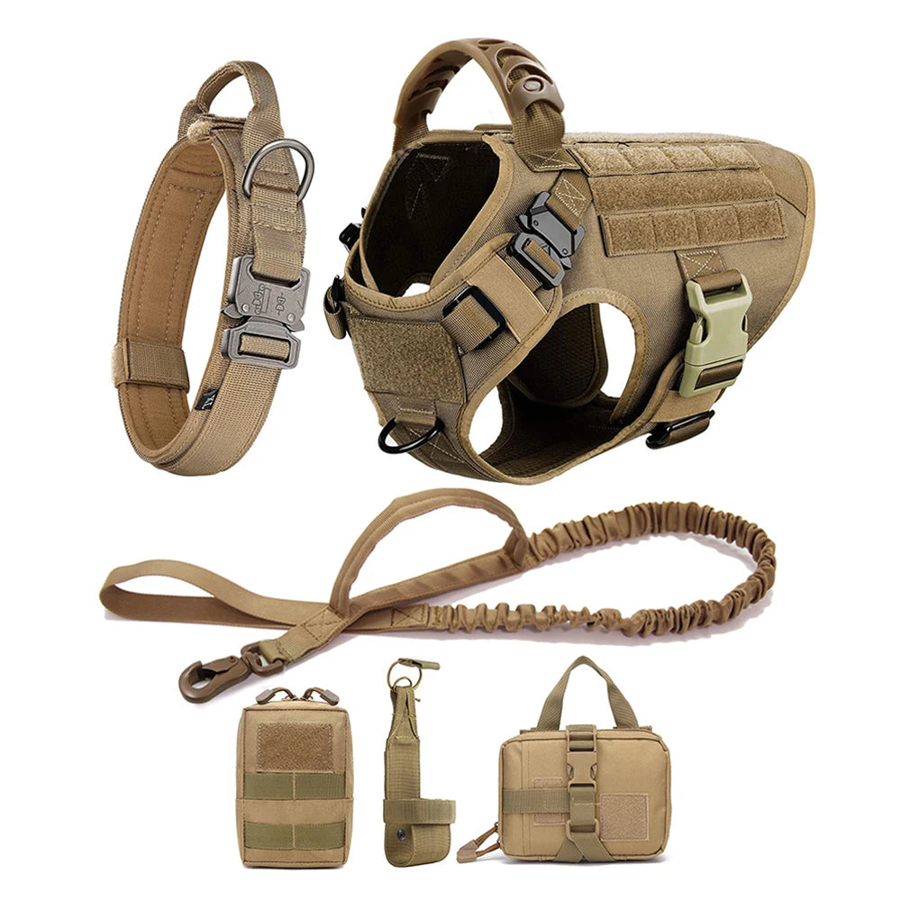 harnais tactique pour chien avec collier, laisse et pochettes amovibles