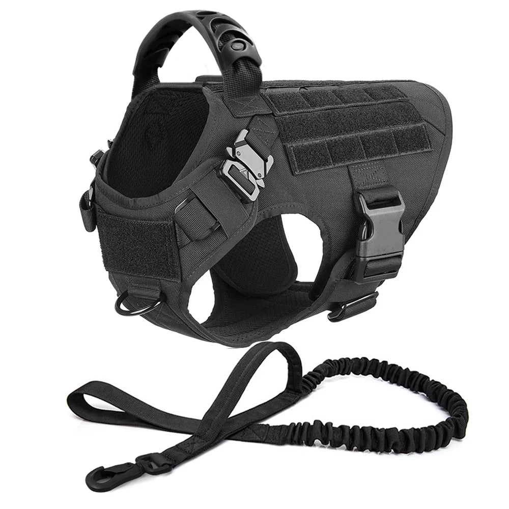 harnais tactique noir et laisse pour chien avec coutures renforcées et design uni