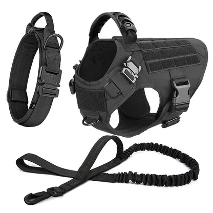 harnais tactique couleur noir pour chien avec coutures renforcées et design uni avec laisse et collier
