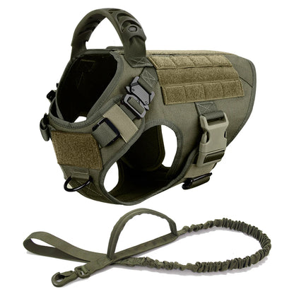 harnais tactique vert kaki et laisse pour chien avec coutures renforcées et design uni