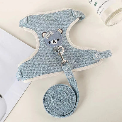 harnais Winnie l’Ourson bleu gris pour chien avec laisse assortie, motif ourson amusant