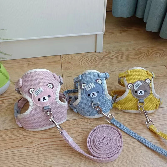harnais Winnie l’Ourson pour chien en rose, bleu et gris avec laisses assorties