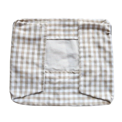housse de lit pour petit chien à carreaux beige vu de dessus avec coussin moelleux
