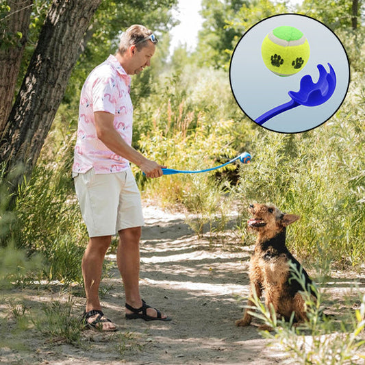 Homme lançant une balle avec un lanceur à son chien dans les bois