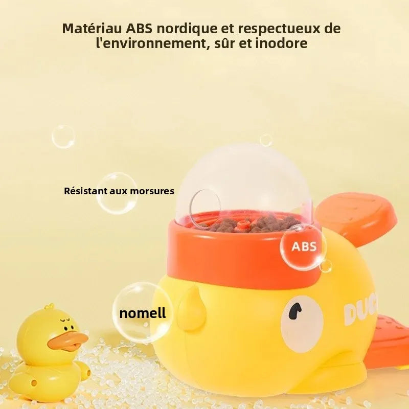 Jouet pour chien en forme de canard avec patins antidérapants, bol transparent et plastique résistant.