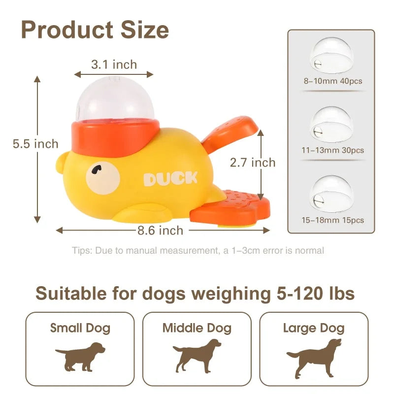 Guide des tailles montrant la compatibilité du jouet pour chiens petits, moyens et grands (3 à 50 kg).