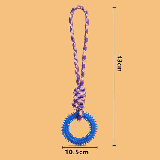 photo produit jouet chien anneau bleu avec corde, dimensions 43 cm x 10,5 cm