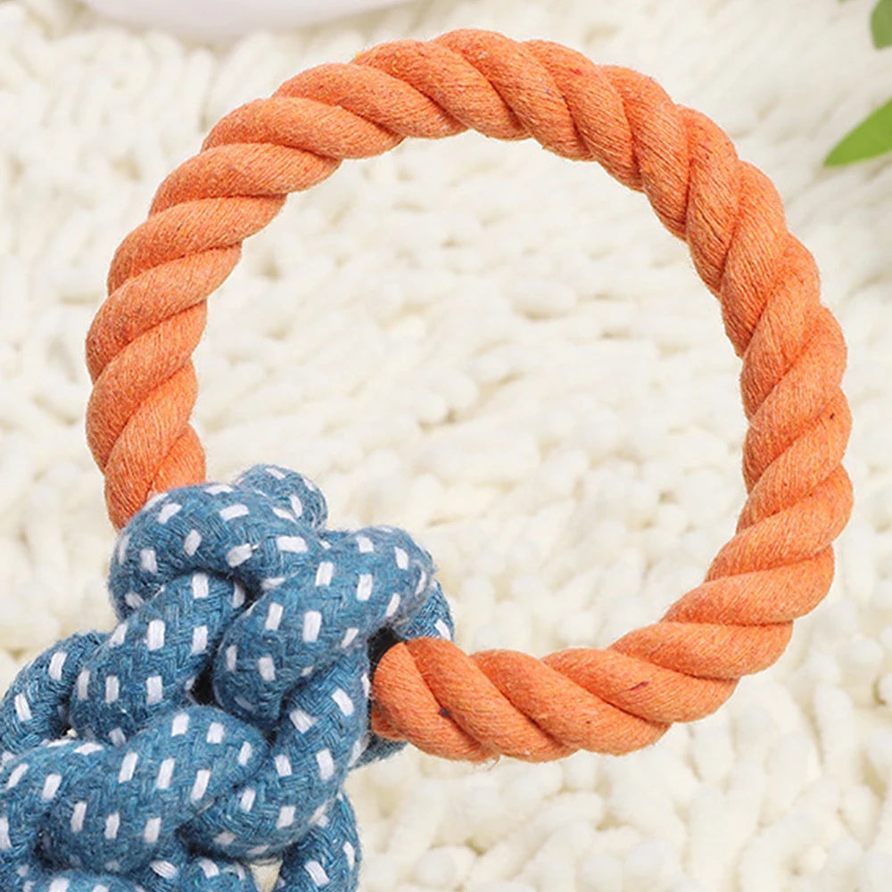 anneau en corde orange avec nœud bleu d’un jouet chien résistant
