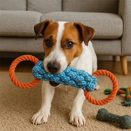 petit chien tenant dans sa gueule un jouet chien en corde avec deux anneaux tressés