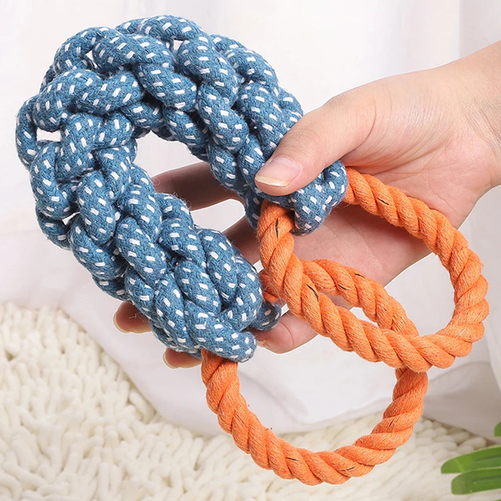 gros plan sur la corde tressée d’un jouet chien bleu et orange