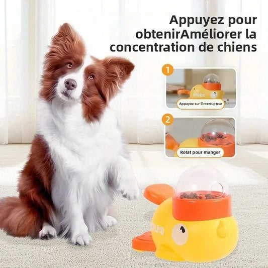 Un chien appuie avec sa patte sur le bouton du jouet distributeur pour obtenir une récompense.
