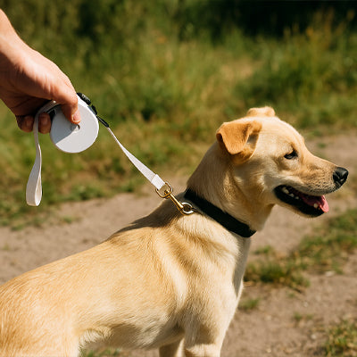 main tenant une laisse chiot rétractable blanche lors d’une promenade en extérieur