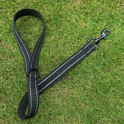 laisse courte pour chien noire en nylon avec coutures réfléchissantes posée sur l’herbe