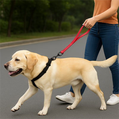 chien beige promené avec une laisse courte rouge tenue par son maître