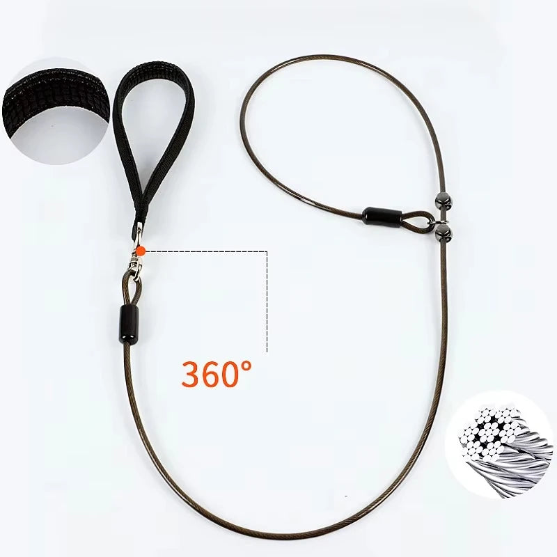 Laisse lasso noire pour chien en corde acier avec fermeture sécurisée