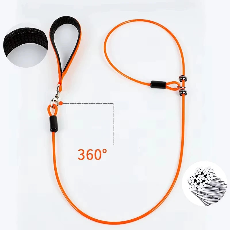 Laisse lasso pour chien en acier orange avec rotation 360 degrés et poignée confortable