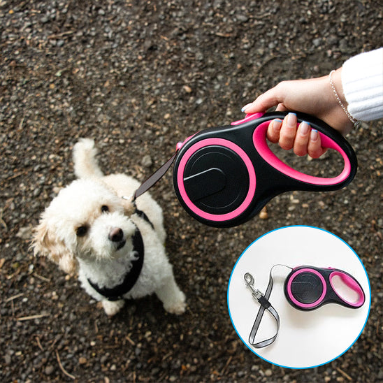 Laisse enrouleur pour chien rose tenue en main, démonstration de fonctionnement