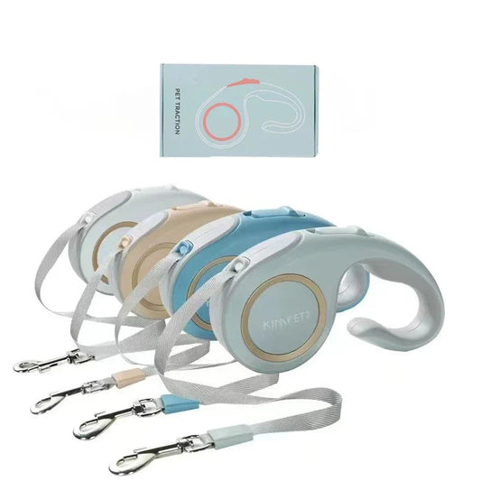 Laisse rétractable design compacte pour chien en nylon, couleurs gris, bleu et beige, idéale pour petits chiens en promenade