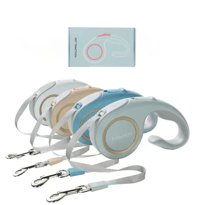 Laisse rétractable design compacte pour chien en nylon, couleurs gris, bleu et beige, idéale pour petits chiens en promenade