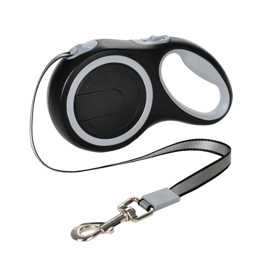 laisse retractable nylon noire et grise avec bouton frein pour chien jusqu’à 50kg