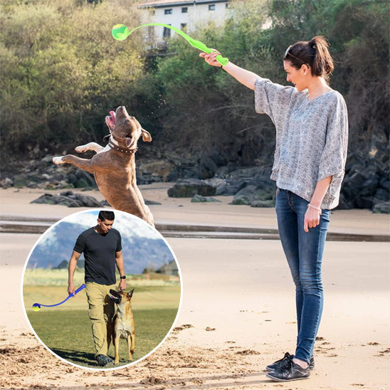 Femme utilisant le lanceur de balle avec son chien sur la plage