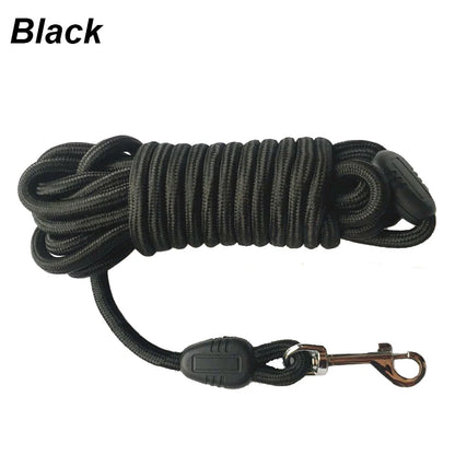 Détail de la longe noire équipée d’un mousqueton solide, conçue pour la sécurité du chien.