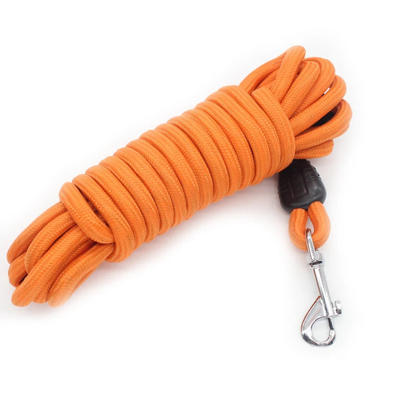 Longe en nylon orange enroulée, idéale pour les séances de dressage ou les balades en liberté.