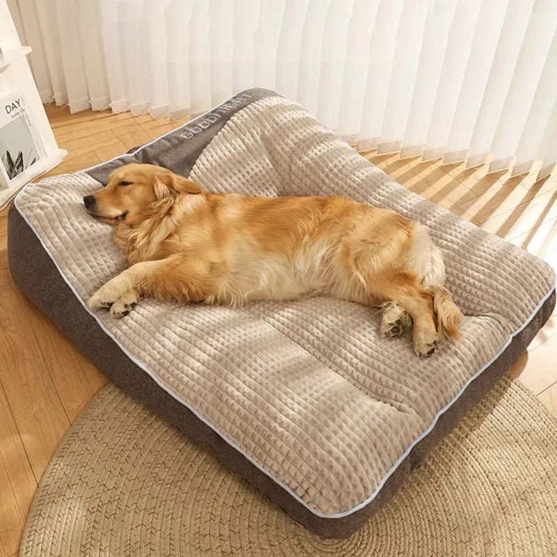 Chien allongé sur un matelas chien avec rebords LoungePaw™ gris, large et moelleux dans un intérieur lumineux.