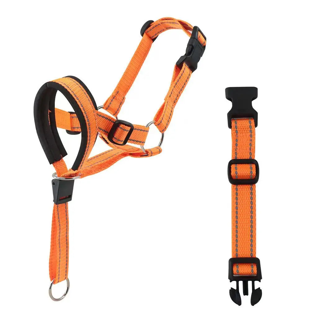 Muselière pour grand chien de couleur orange, ajustable et respirante avec boucle sécurisée.
