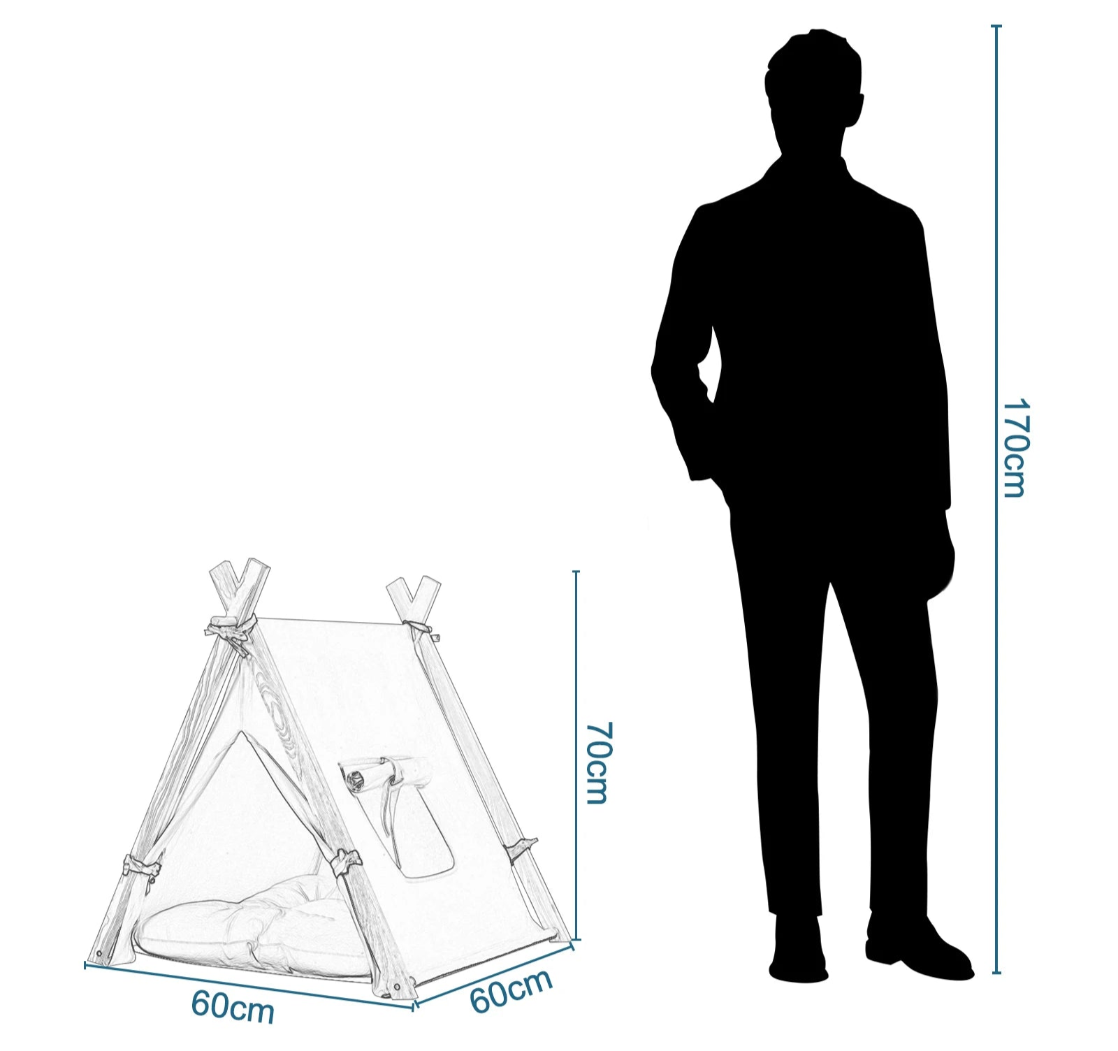 Taille du tipi pour chien comparée à un humain – niche intérieure 60x70x60 cm