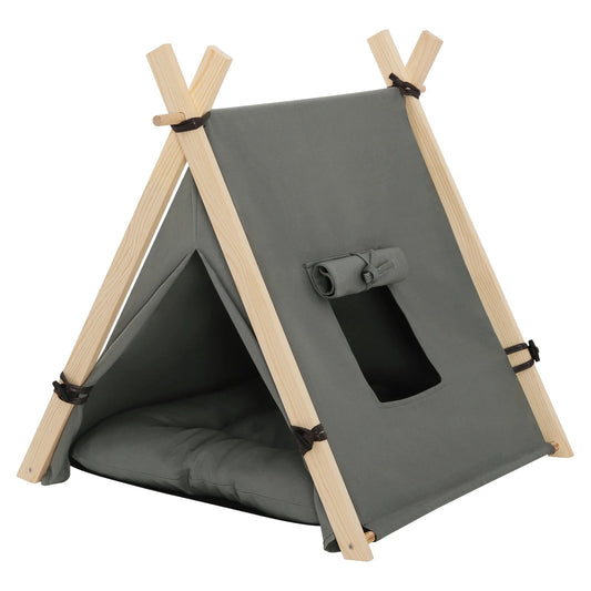 Tente pour chien en tissu gris avec coussin doux – niche d’intérieur élégante